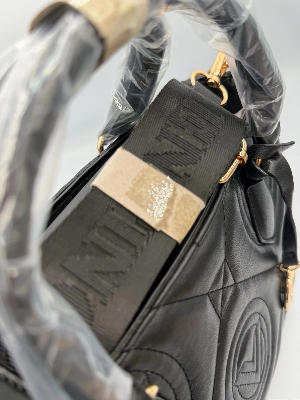Valentino Orlandi Black Quilted Vegan Leather Satchel with Gold Charm